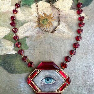 Hand Painted Lovers Eye Pendant with a Repurposed Edwardian Glass Heart Necklace